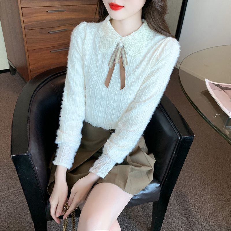 레이스 리본 쉬폰 블라우스 여성 긴팔 가을 우아한 스타일 데일리 착용감 좋은 캐주얼 상의 모던한 디자인 - 상품 이미지