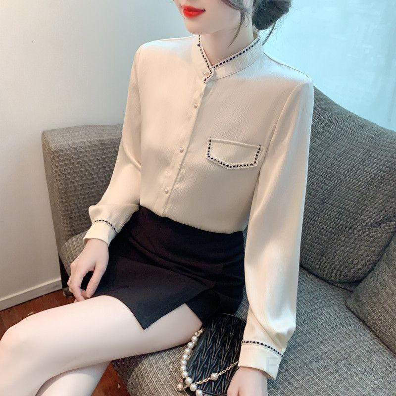 여성용 스탠드 칼라 새틴 쉬폰 블라우스 가을 긴팔 스타일리시 노화 방지 패션 데일리룩 캐주얼룩 모던한 디자인 - 상세 이미지 3