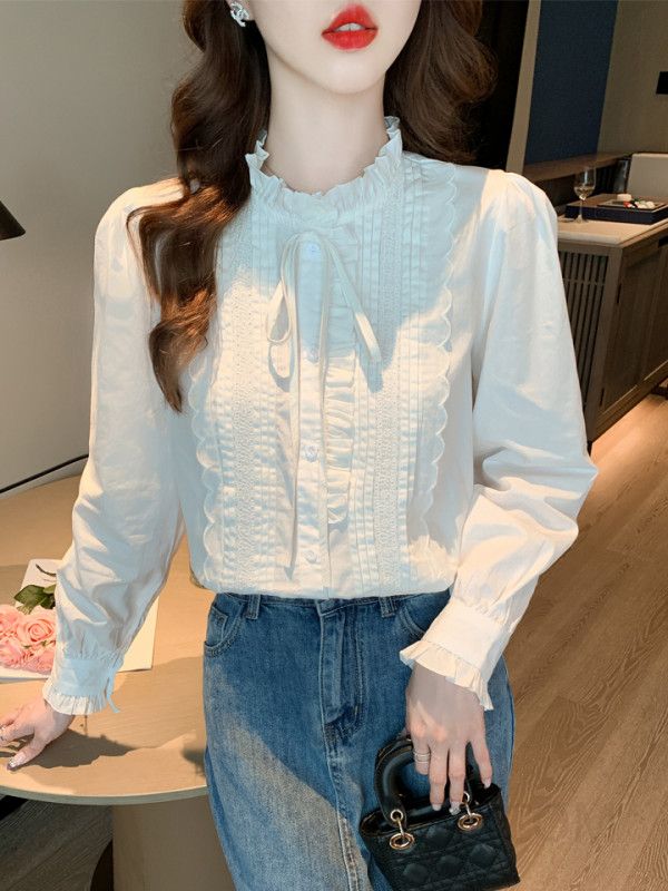 화이트 레이스 러플 셔츠 여성 가을 긴팔 블라우스 스타일리시한 오피스룩 데일리 코디 쉬폰 느낌의 세련된 디자인 - 상세 이미지 3