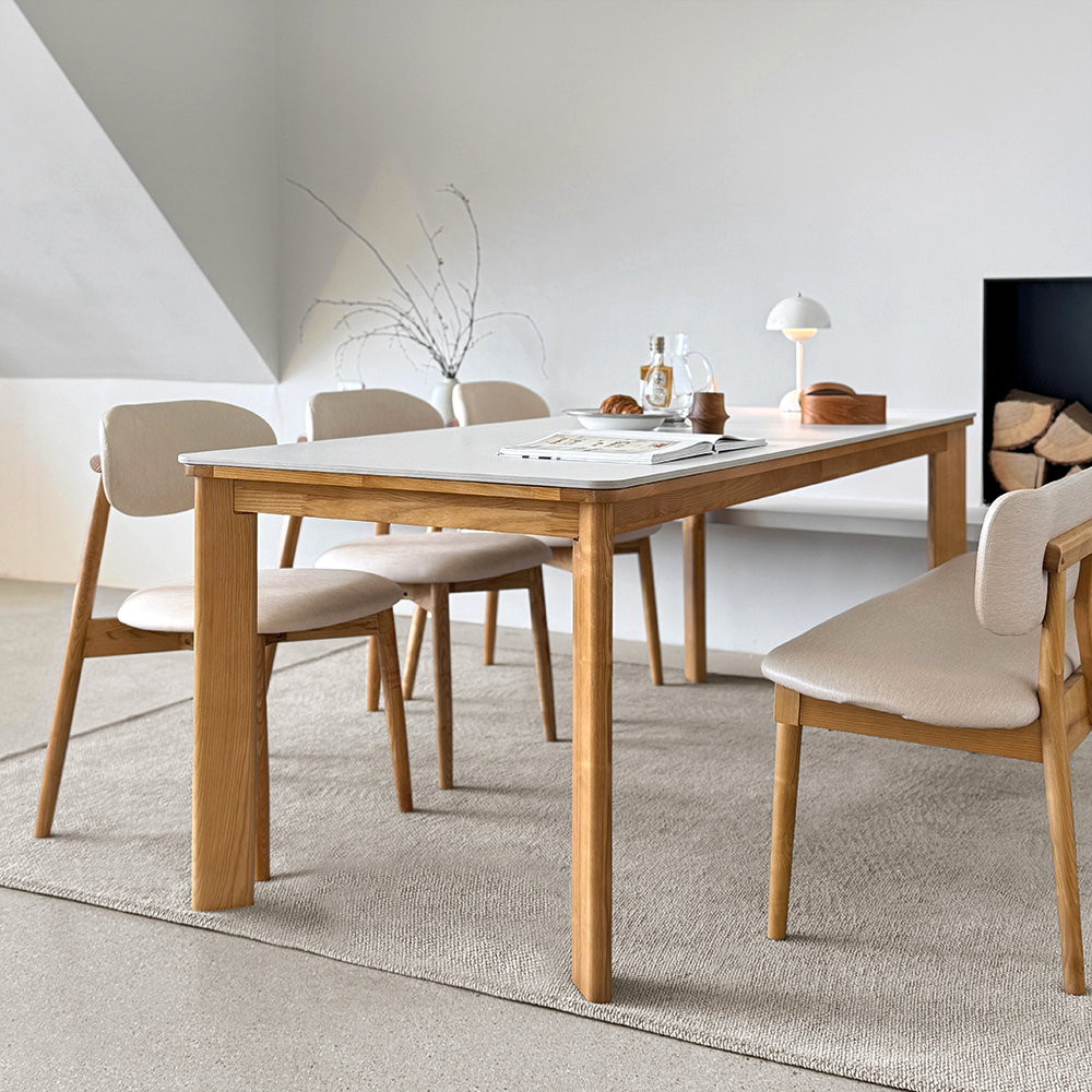 고디 세라믹식탁 세트 4인용 원목 식탁+의자2+벤치1, 1400mm, 내추럴/양면세라믹