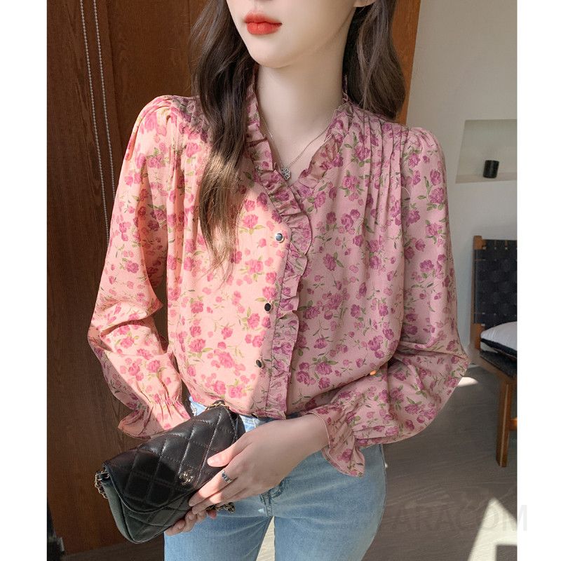 여성 레트로 플라워 쉬폰 셔츠 가을 하이엔드 스타일 긴팔 블라우스 유니크한 빈티지 디자인 시크한 매력 데일리룩 캐주얼 패션 - 상세 이미지 2