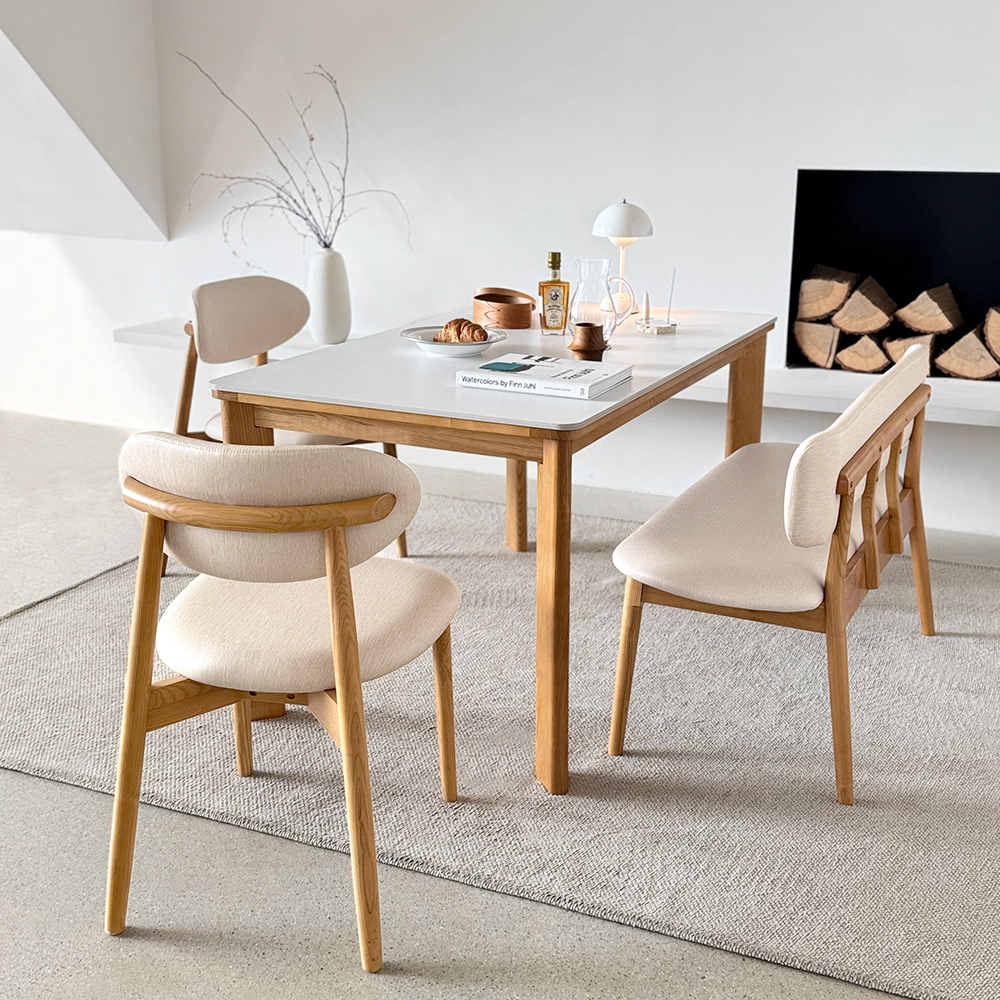 고디 세라믹식탁 세트 4인용 원목 식탁+의자2+벤치1, 1400mm, 내추럴/양면세라믹