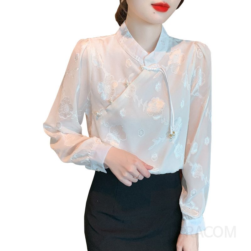 가을 여성 쉬폰 루즈핏 블라우스 고급스러운 자카드 디자인의 트렌디한 상의 스타일로 멋스러운 하객룩 완성 - 상세 이미지 5