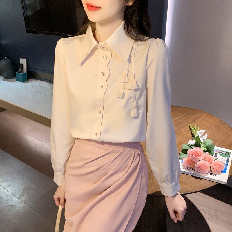 여성 쉬폰 블라우스 가을 루즈핏 플라워 패턴 통기성 좋은 데일리 셔츠 스타일리시한 디자인 오피스룩 - 상세 이미지 3