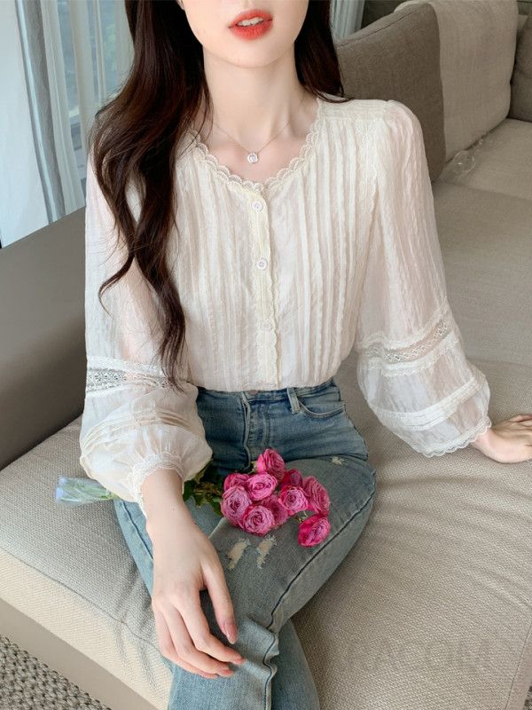 가을 여성 루즈핏 라운드넥 텐셀 레이스 블라우스 프렌치 레트로 스타일 살구색 긴팔 셔츠 빈티지 감성 캐주얼 데일리 착용감 좋은 - 상세 이미지 5