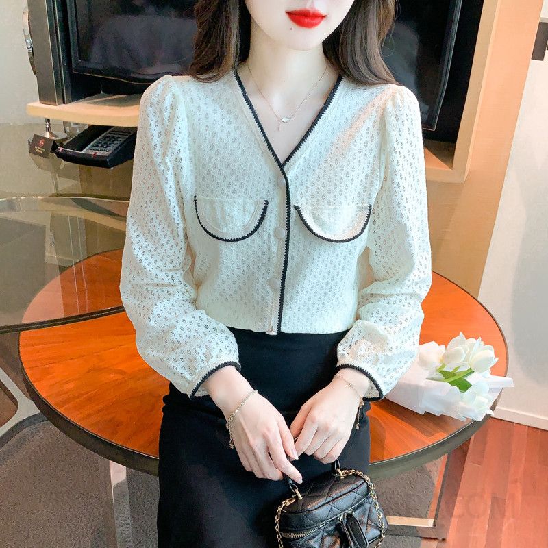 레이스 긴팔 블라우스 여성 가을 스타일리시한 셔츠 디자인 데일리 캐주얼 노카라 블라우스 편안한 착용감 시스루 무드로 우아한 코디 아이템 - 상세 이미지 3
