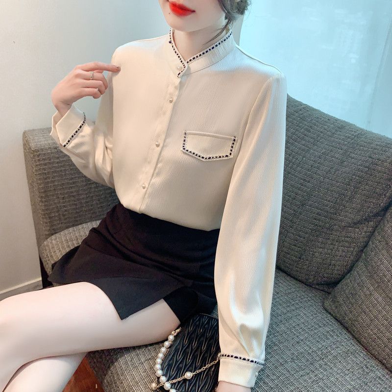 여성용 스탠드 칼라 새틴 쉬폰 블라우스 가을 긴팔 스타일리시 노화 방지 패션 데일리룩 캐주얼룩 모던한 디자인 - 상세 이미지 5