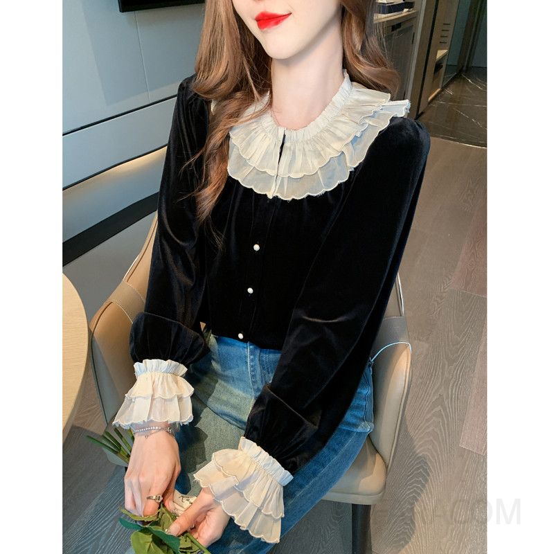 가을 여성 레이스 블라우스 긴팔 루즈핏 블랙 셔츠 스타일리쉬한 데일리룩 고급스러운 디자인 통근용 - 상세 이미지 5
