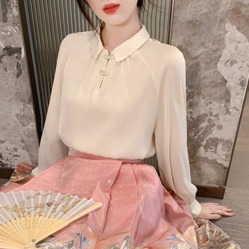여성 쉬폰 라운드넥 블라우스 가을 신상 루즈핏 데일리 셔츠 스타일 캐주얼한 핑크 컬러의 편안한 착용감 모던한 디자인 - 상세 이미지 3