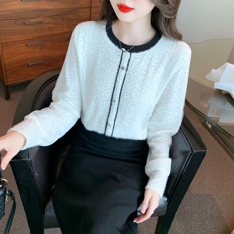 레이스 시스루 쉬폰 셔츠 여성 가을 데일리 우아한 스타일 라운드넥 슬리밍 효과 긴팔 블라우스 - 상품 이미지