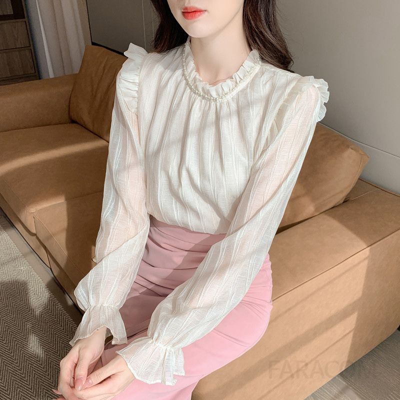 여성 가을 쉬폰 러플 블라우스 프렌치 스타일 스탠드칼라 긴팔 셔츠 우아한 데일리룩 하객룩 모임룩 페미닌한 매력 - 상세 이미지 3