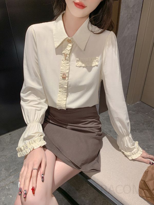 여성 쉬폰 셔츠 긴팔 슬림핏 프렌치 스타일 가을 블라우스 트럼펫 슬리브 디자인 데일리 룩 프로페셔널 코디용 - 상세 이미지 5