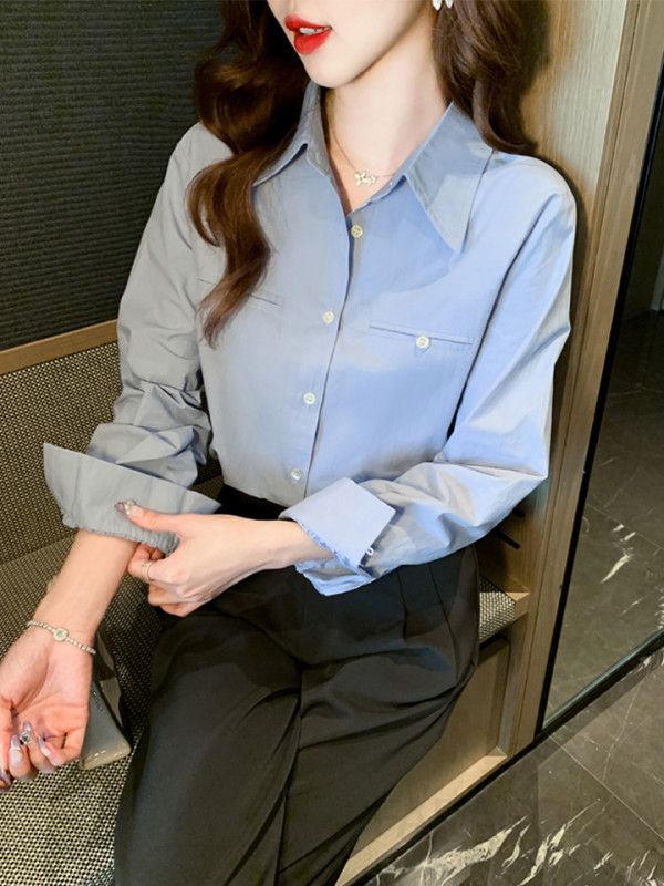 여성 가을 긴팔 캐주얼 셔츠 블루 오버핏 스타일 출퇴근용 데일리 다용도 코튼 모던한 디자인 감각적인 착용감 - 상세 이미지 2