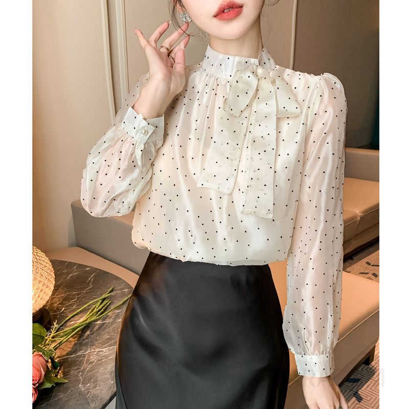 가을 여성 쉬폰 리본 블라우스 도트 패턴 긴팔 셔츠 우아한 데일리 스타일 시스루 레이어드 가능한 캐주얼 상의 - 상세 이미지 5