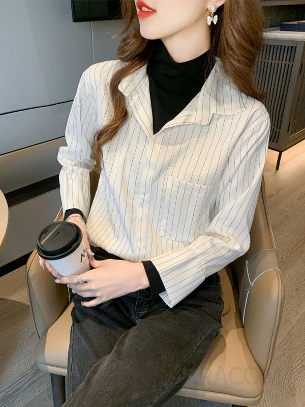 여성 스트라이프 긴팔 셔츠 봄 가을용 오버핏 스타일 데일리 캐주얼한 코튼 소재 구김없는 편안한 착용감 전문가용 통근 - 상세 이미지 2