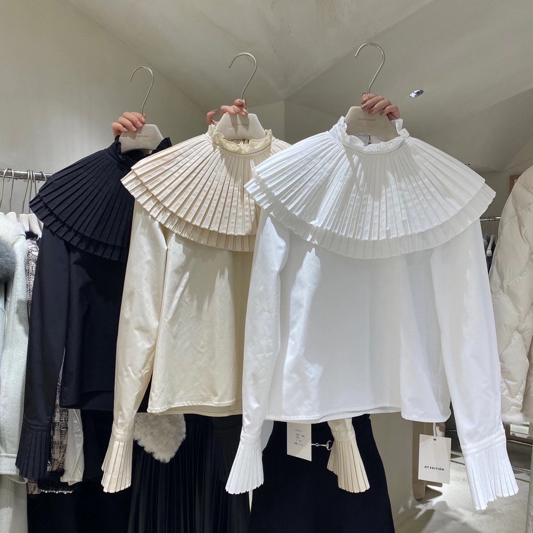 긴팔 블라우스 플리츠 카라 탈부착 고급 폴리100 화려한블라우스 데일리 오피스 - 상품 이미지