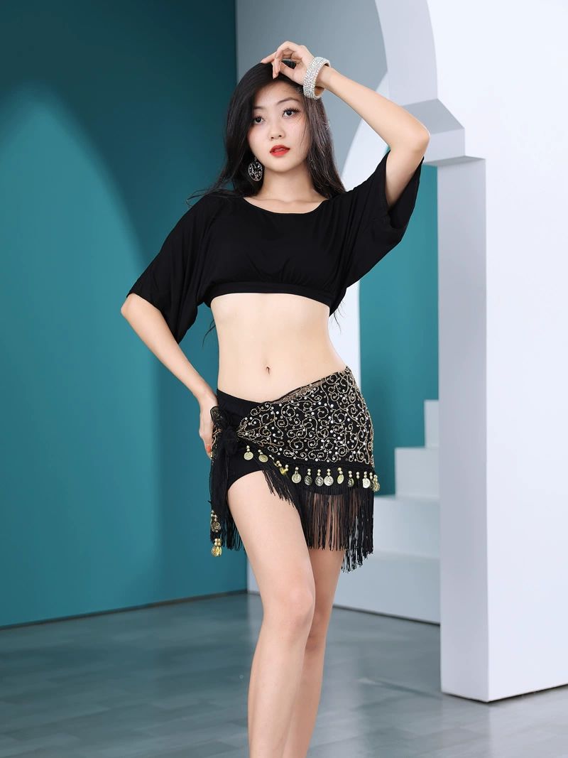 밸리댄스 힙스카프 상하의 세트 스카프 댄스허리체인 공연 댄스웨어 라인댄스 벨리복 밸리 블랙 상의+다홍색 허리 안전 바지 3종 - 상품 이미지