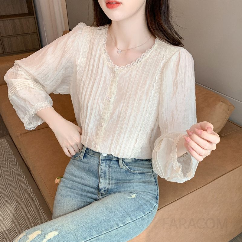 가을 여성 루즈핏 라운드넥 텐셀 레이스 블라우스 프렌치 레트로 스타일 살구색 긴팔 셔츠 빈티지 감성 캐주얼 데일리 착용감 좋은 - 상품 이미지
