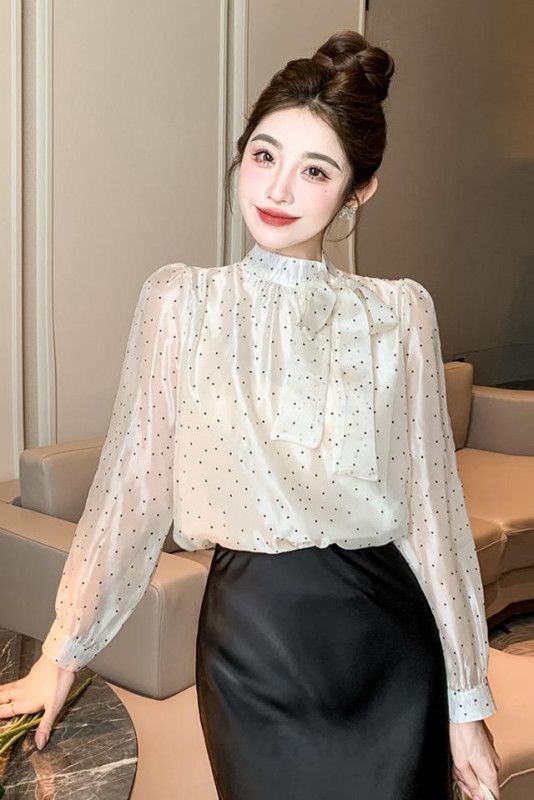 가을 여성 쉬폰 리본 블라우스 도트 패턴 긴팔 셔츠 우아한 데일리 스타일 시스루 레이어드 가능한 캐주얼 상의 이미지 6