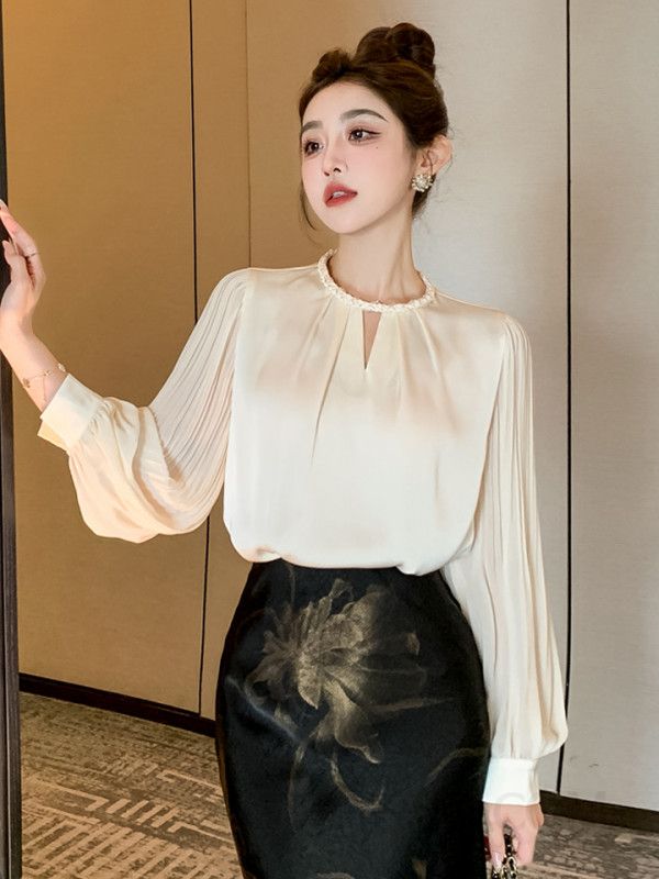 여성 가을 쉬폰 블라우스 플리츠 소매 레트로 스타일 루즈핏 데일리 캐주얼 탑 상의 빈티지 감성 시크한 디자인 - 상세 이미지 3