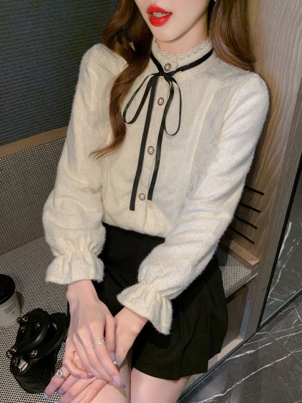 여성 긴팔 블라우스 봄 가을 프랑스 스타일 빈티지 우드 엣지 디자인 루즈핏 캐주얼 라운드넥 플리츠 쉬폰 편안한 착용감 데일리룩 - 상세 이미지 3