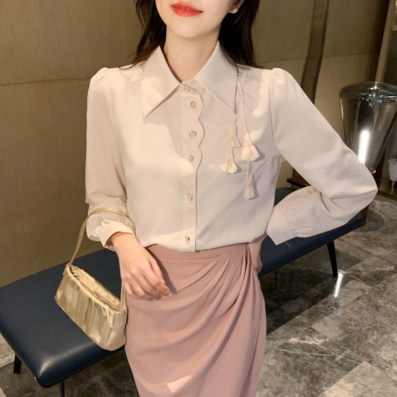 여성 쉬폰 블라우스 가을 루즈핏 플라워 패턴 통기성 좋은 데일리 셔츠 스타일리시한 디자인 오피스룩 - 상세 이미지 2