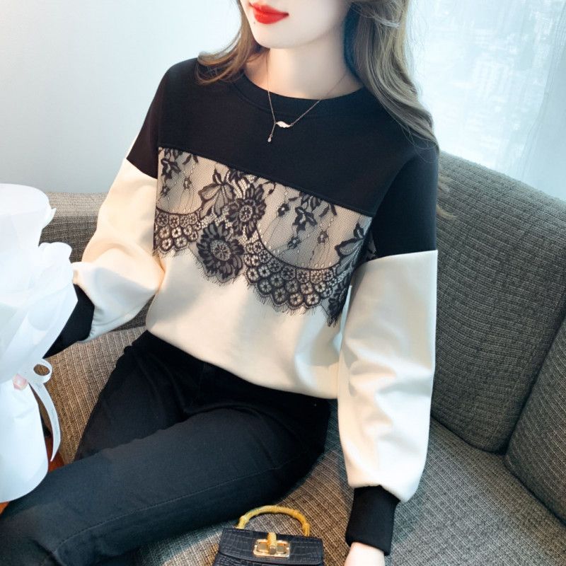 긴팔 라운드넥 여성 스웨트셔츠 레이스 스플라이싱 캐주얼 스타일 데일리 착용감 좋은 긴팔티셔츠 모던한 디자인 다용도 활용 가능 패션 아이템 - 상세 이미지 2