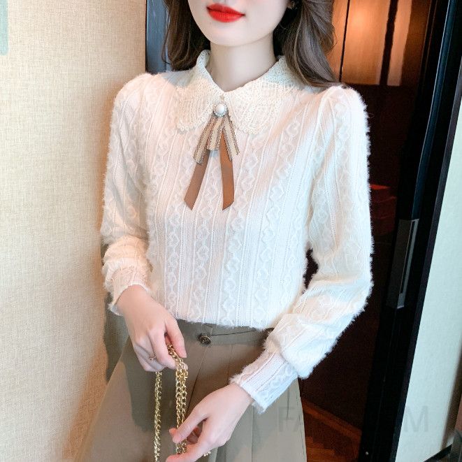레이스 리본 쉬폰 블라우스 여성 긴팔 가을 우아한 스타일 데일리 착용감 좋은 캐주얼 상의 모던한 디자인 - 상세 이미지 4