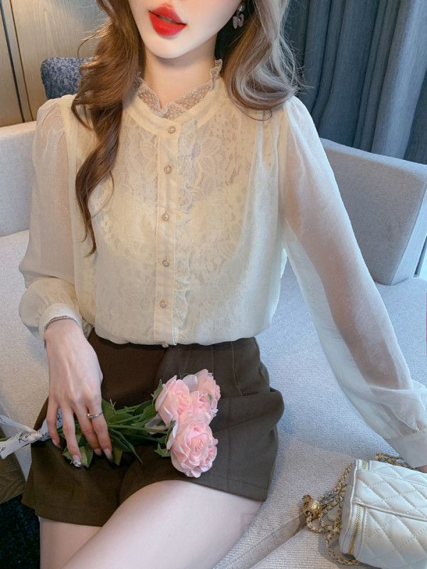 레이스 퍼프 슬리브 쉬폰 블라우스 여성용 가을 신상 우아한 디자인 데일리룩 매치 스타일링 결혼식 하객룩 추천 - 상세 이미지 5