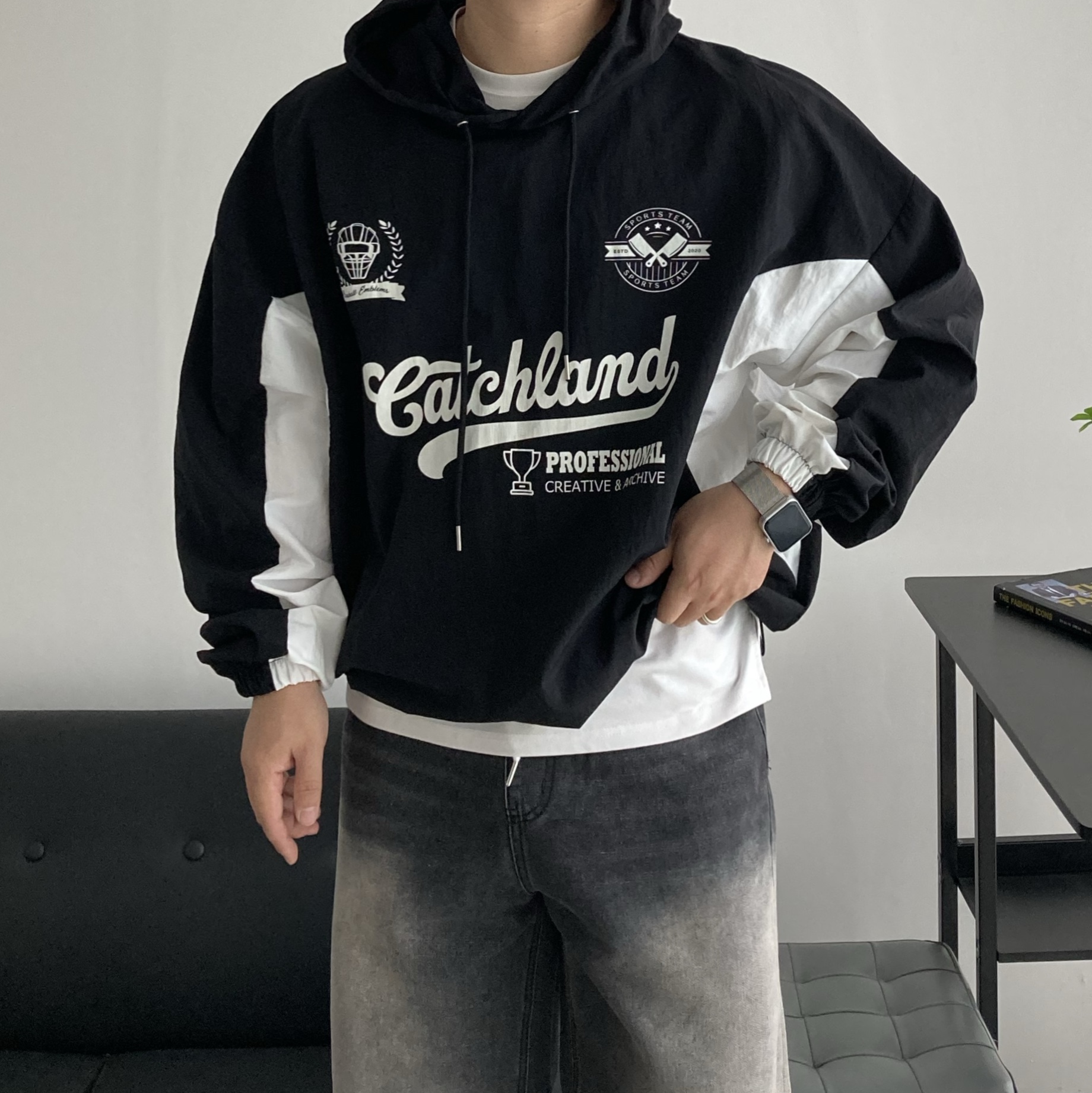 남자 바람막이후드티 퍼펙트 나일론 스트링 Y2K - 상품 이미지