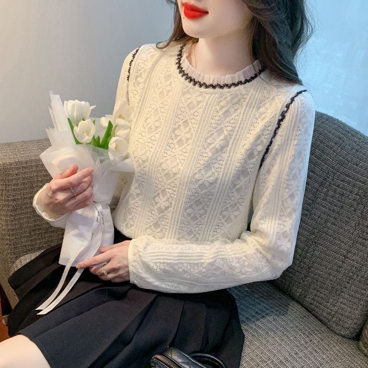 라운드넥 레이스 쉬폰 긴팔 블라우스 여성용 가을 패셔너블 올매치 스타일 데일리 착용감 좋은 코디너리 - 상세 이미지 3