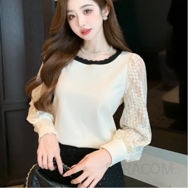 레이스 패치워크 여성 긴팔 티셔츠 가을 스타일 이너웨어 데일리 퍼프 슬리브 라운드넥 패션 캐주얼 모던한 디자인 편안한 착용감 - 상품 이미지