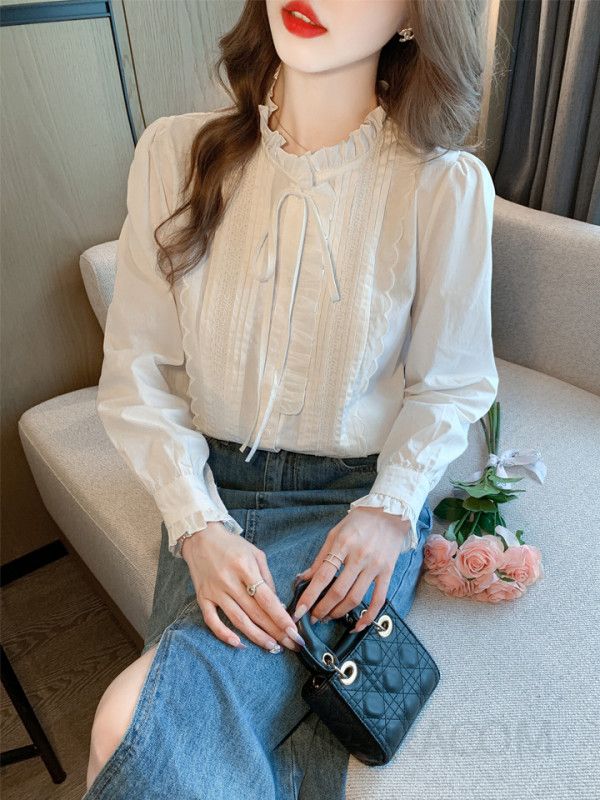 화이트 레이스 러플 셔츠 여성 가을 긴팔 블라우스 스타일리시한 오피스룩 데일리 코디 쉬폰 느낌의 세련된 디자인 - 상세 이미지 2