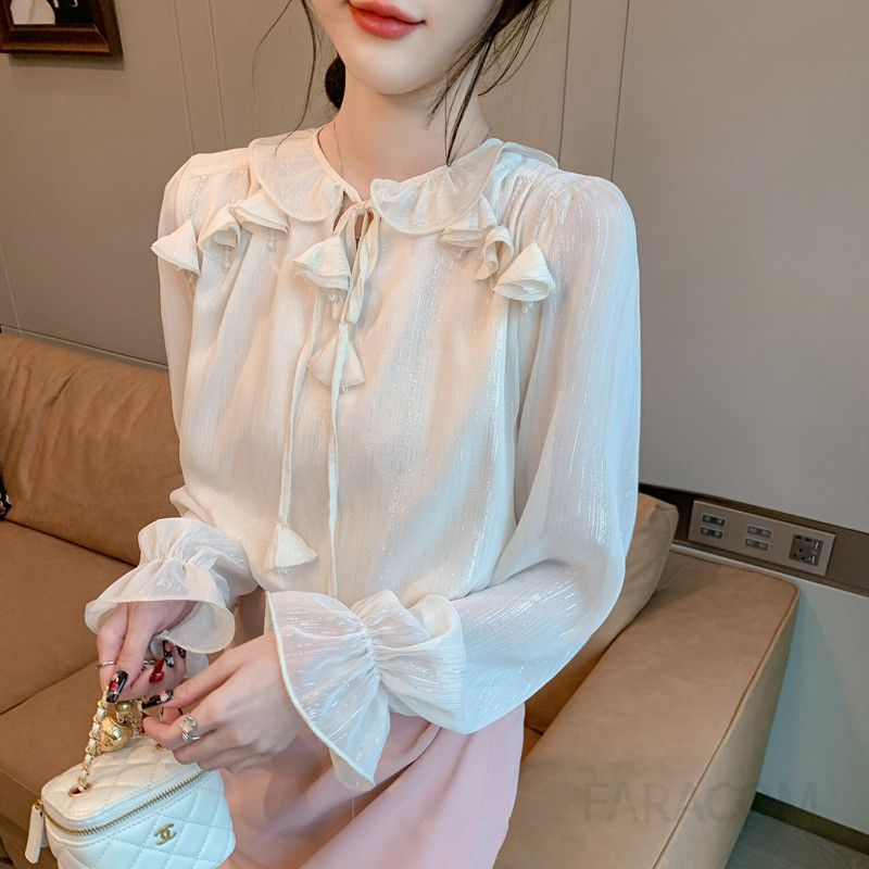 여성 프렌치 러플 쉬폰 블라우스 가을 레이스 긴팔 데일리 루즈핏 우아한 스타일 통근용 고급스러운 착용감 - 메인 이미지