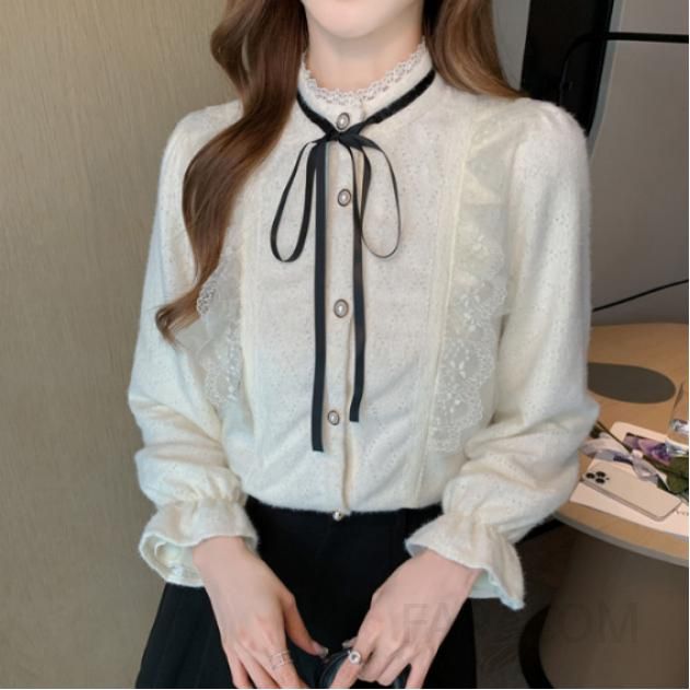 여성 긴팔 블라우스 봄 가을 프랑스 스타일 빈티지 우드 엣지 디자인 루즈핏 캐주얼 라운드넥 플리츠 쉬폰 편안한 착용감 데일리룩 - 상품 이미지