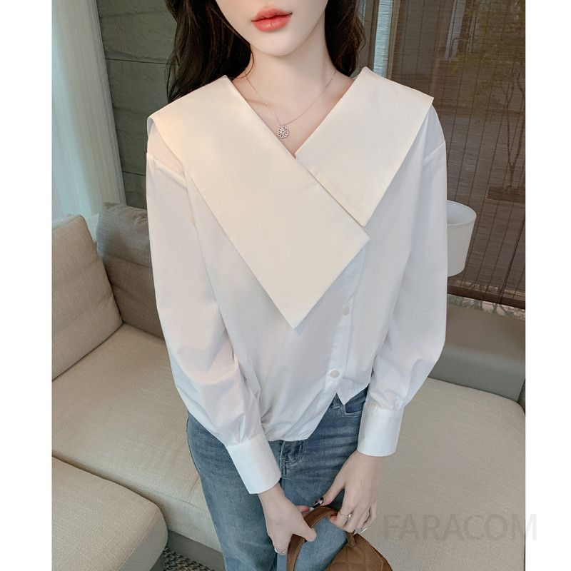 화이트 라펠 셔츠 여성 가을 심플 니치 디자인 블라우스 긴팔 루즈핏 스타일 캐주얼 데일리 착용감 좋은 외출용 - 상세 이미지 3