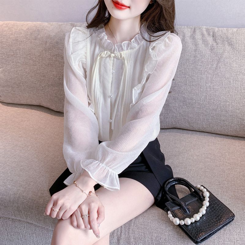 레이스 쉬폰 셔츠 여름 여성 루즈핏 블라우스 고급스러운 디자인 감각 데일리 탑 스타일리시한 패션 아이템 - 상품 이미지