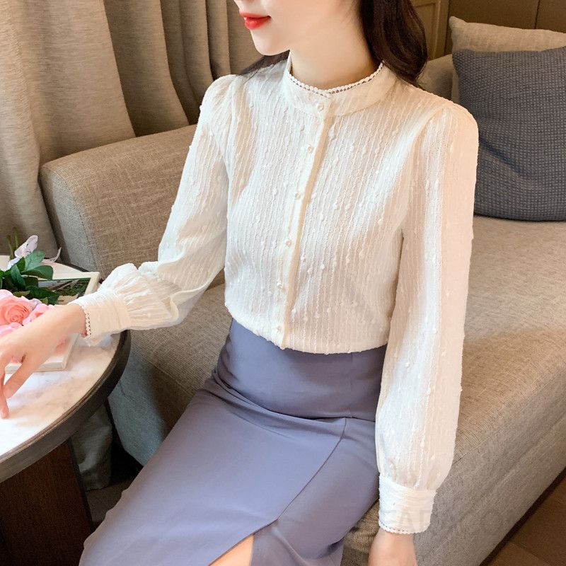 레이스 진주 단추 여성 가을 블라우스 루즈핏 스탠드 칼라 레트로 스타일 긴팔 셔츠 우아한 디자인 데일리 착용감 편안한 상의 - 상세 이미지 3