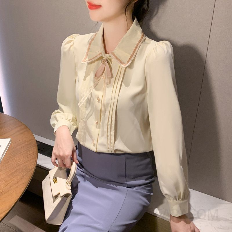 여성용 루즈핏 쉬폰 블라우스 가을 캐주얼 스타일 긴팔 라운드넥 데일리 패션 시크한 디자인 편안한 착용감 고급스러운 룩 - 상세 이미지 2