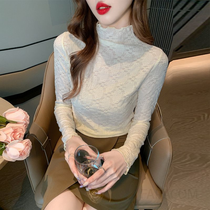여성용 가을 레이스 하프넥 블라우스 긴팔 스타일리시한 루즈핏 셔츠 데일리룩 하객룩 고급스러운 빈티지 캐주얼 착용감 편안한 외출용 - 상세 이미지 3