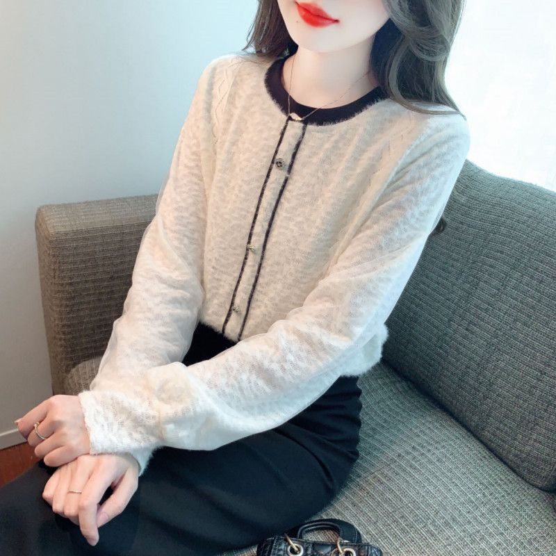레이스 시스루 쉬폰 셔츠 여성 가을 데일리 우아한 스타일 라운드넥 슬리밍 효과 긴팔 블라우스 - 상세 이미지 3