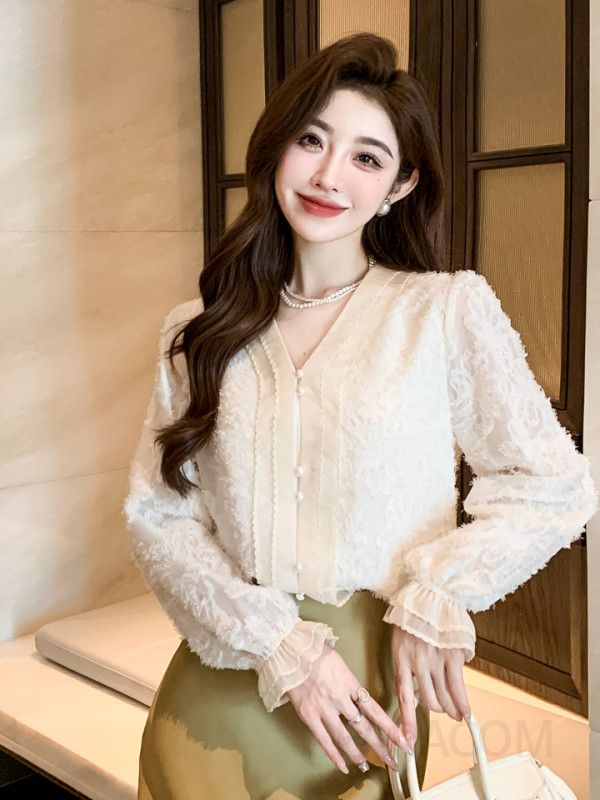 여성 가을 브이넥 쉬폰 블라우스 긴팔 프랑스 스타일 고급스러운 디자인 캐주얼 상의 데일리룩 하객룩 편안한 착용감 시크한 매력 - 상세 이미지 5