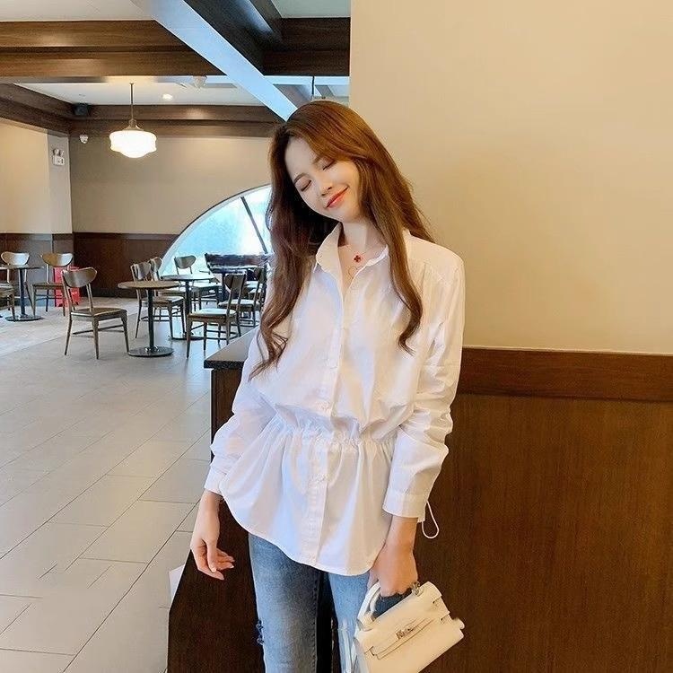 간절기 여성 심플 화이트 셔츠 블라우스 허리 셔링 데일리 오피스룩 - 상세 이미지 2