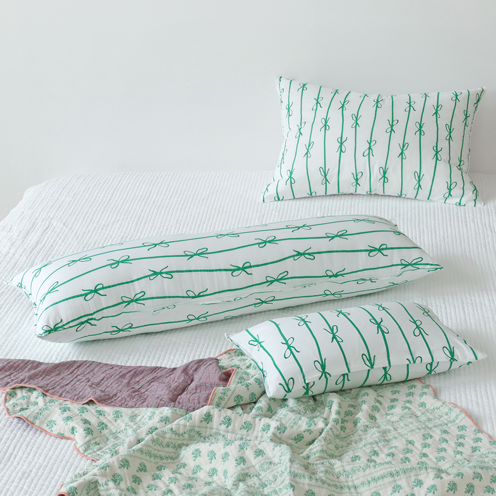 리본 고밀도 워싱 순면 사각 롱쿠션 안고자는 긴베개 다리 베개 긴쿠션 바디필로우 커버