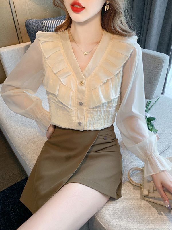 레이스 플레어 슬리브 루즈핏 여성 브이넥 쉬폰블라우스 가을 데일리 출퇴근용 스타일리시한 올매치 셔츠 편안한 착용감 시스루 느낌 - 상세 이미지 3