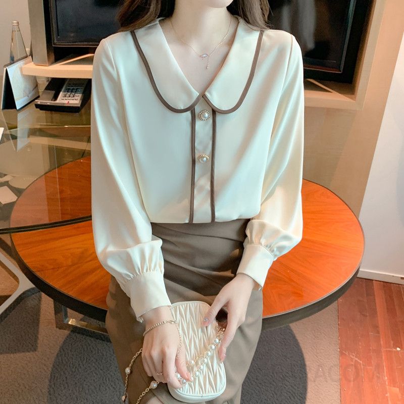 여성 쉬폰 블라우스 가을용 긴팔 프렌치 스타일 인형 칼라 솔리드 컬러 데일리 셔츠 고급스러운 통근용 모던한 디자인 편안한 착용감 - 상세 이미지 3