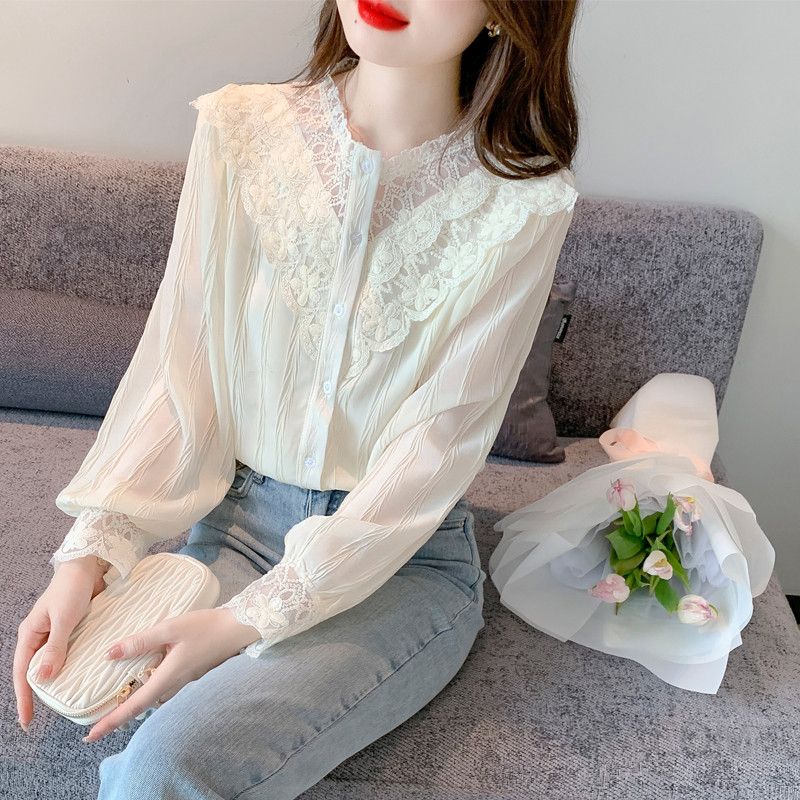 여성 쉬폰 긴팔 블라우스 가을 데일리 스타일 루즈핏 상의 통근용 시스루 느낌의 유행 패션 전문가 셔츠 - 상품 이미지