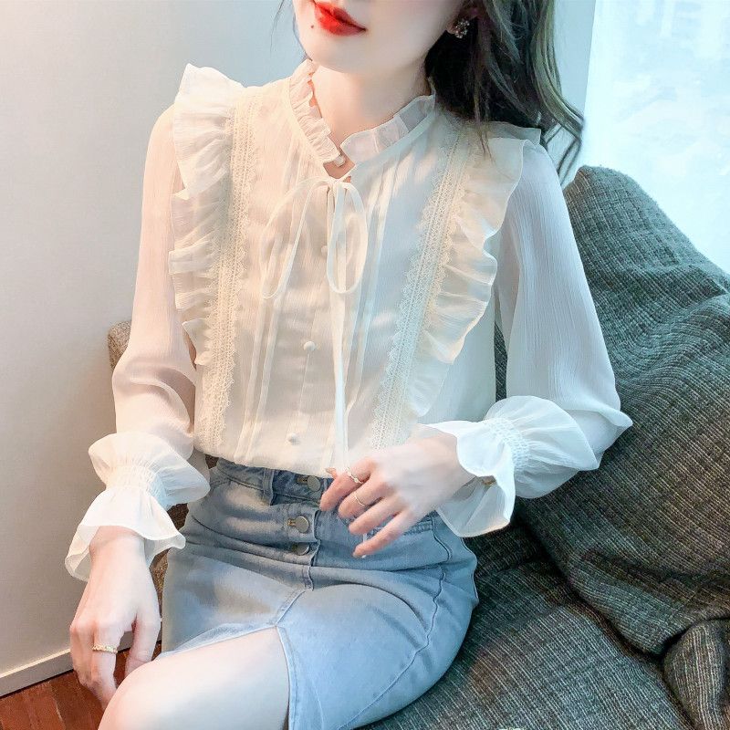 여성 쉬폰 블라우스 가을 신상 긴팔 상의 고급스러운 서양 스타일 데일리룩 공식석상 유행 패션 - 상세 이미지 2