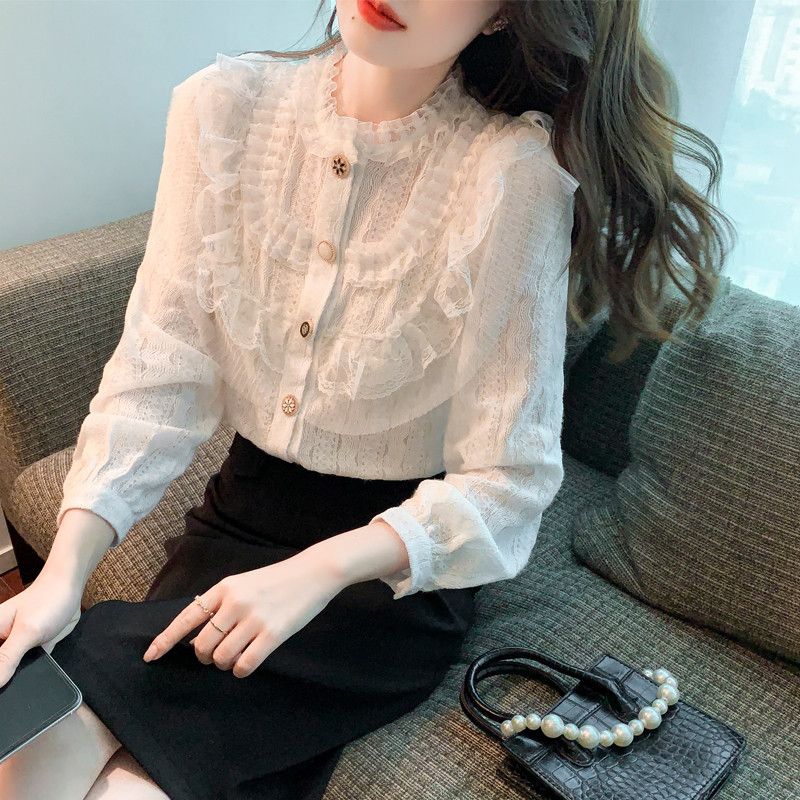여성 쉬폰블라우스 레이스 디자인 긴팔 시스루 스타일 우아한 가을용 상의 데일리 레이어드 활용도 높은 매치 쉬운 착용감 - 상품 이미지