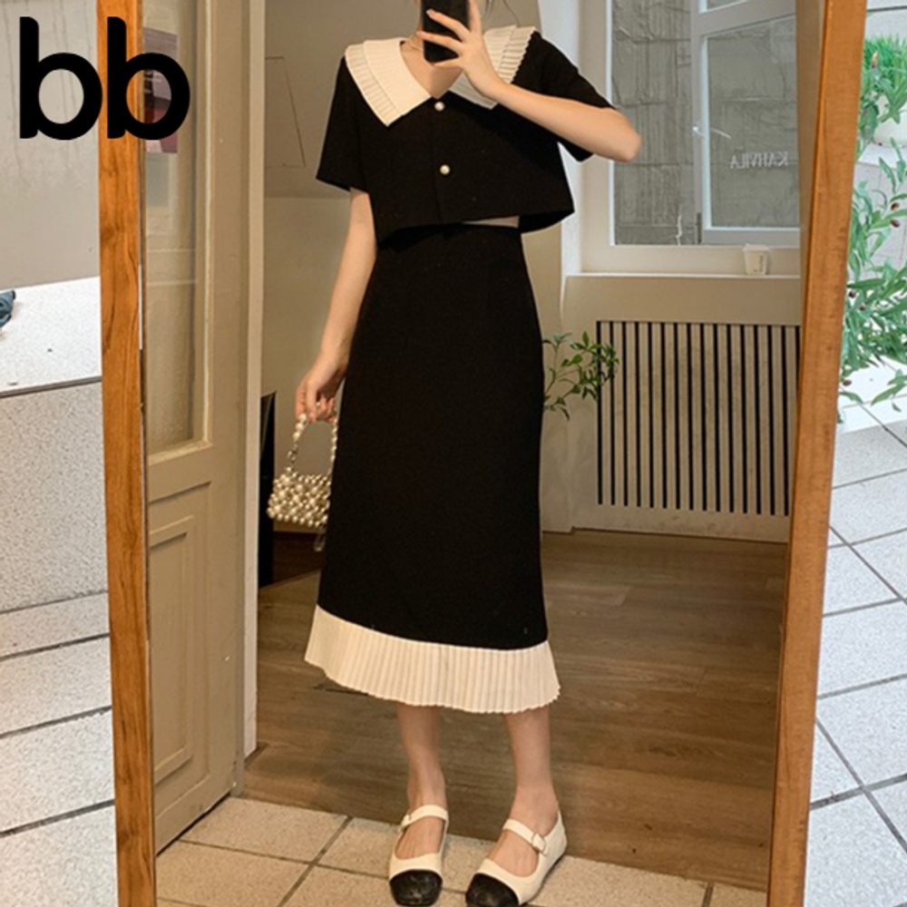 피로연 투피스 상견례룩 결혼식 데일리룩 겨울 크롭자켓셋업 롱스커트 재킷 스커트셋업 핀턱 블랙 M - 상세 이미지 3